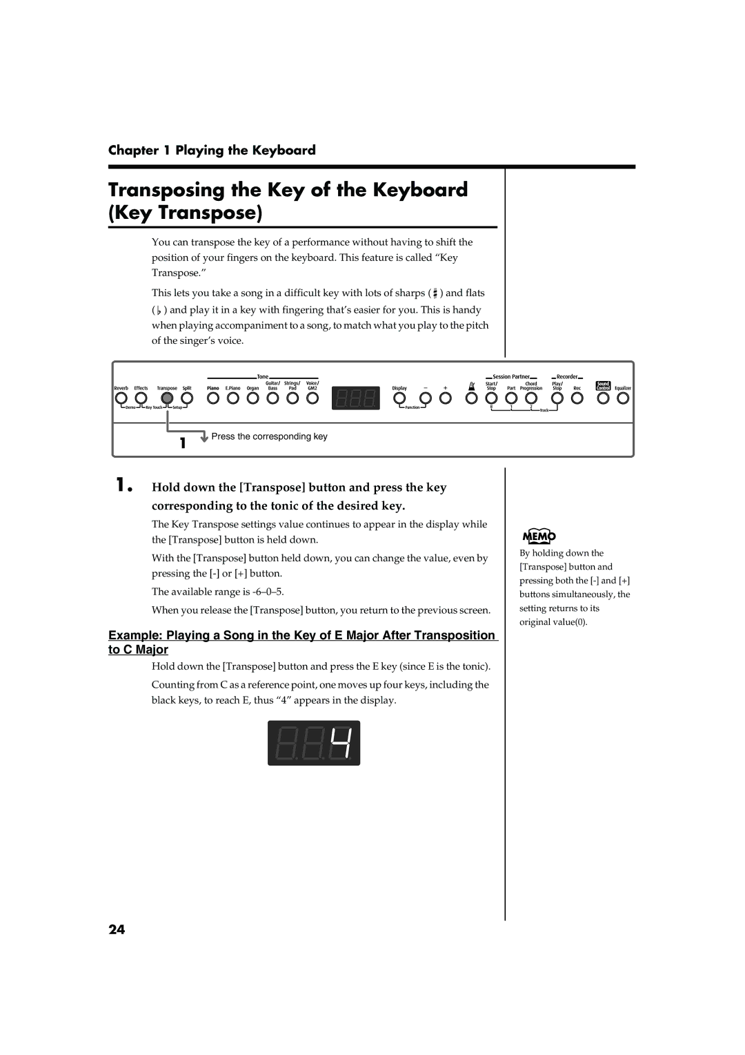 Roland FP-2 owner manual Transposing the Key of the Keyboard Key Transpose, Press the corresponding key 