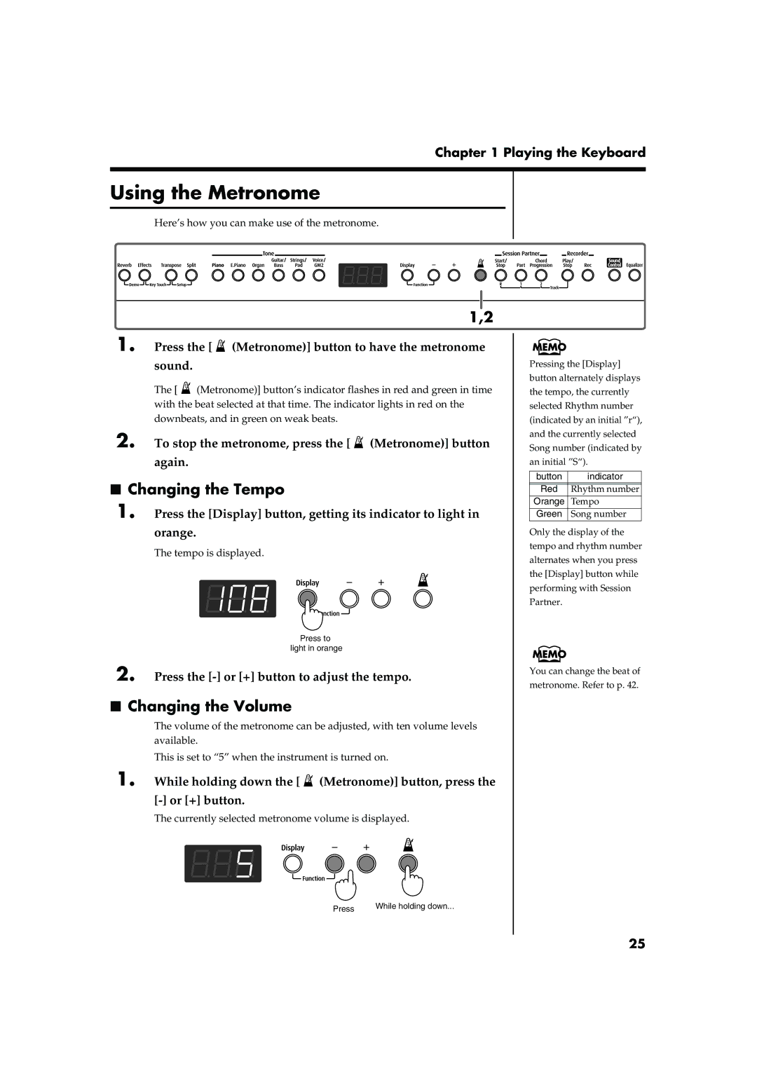 Roland FP-2 owner manual Using the Metronome, Changing the Tempo, Changing the Volume 