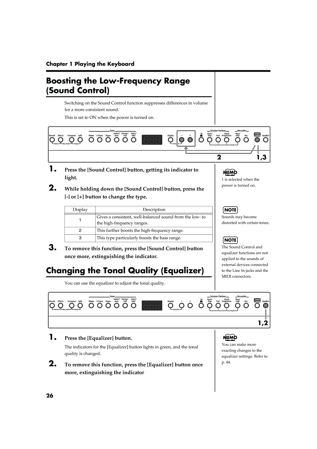 Roland FP-2 owner manual Boosting the Low-Frequency Range Sound Control, Changing the Tonal Quality Equalizer, 21,3 