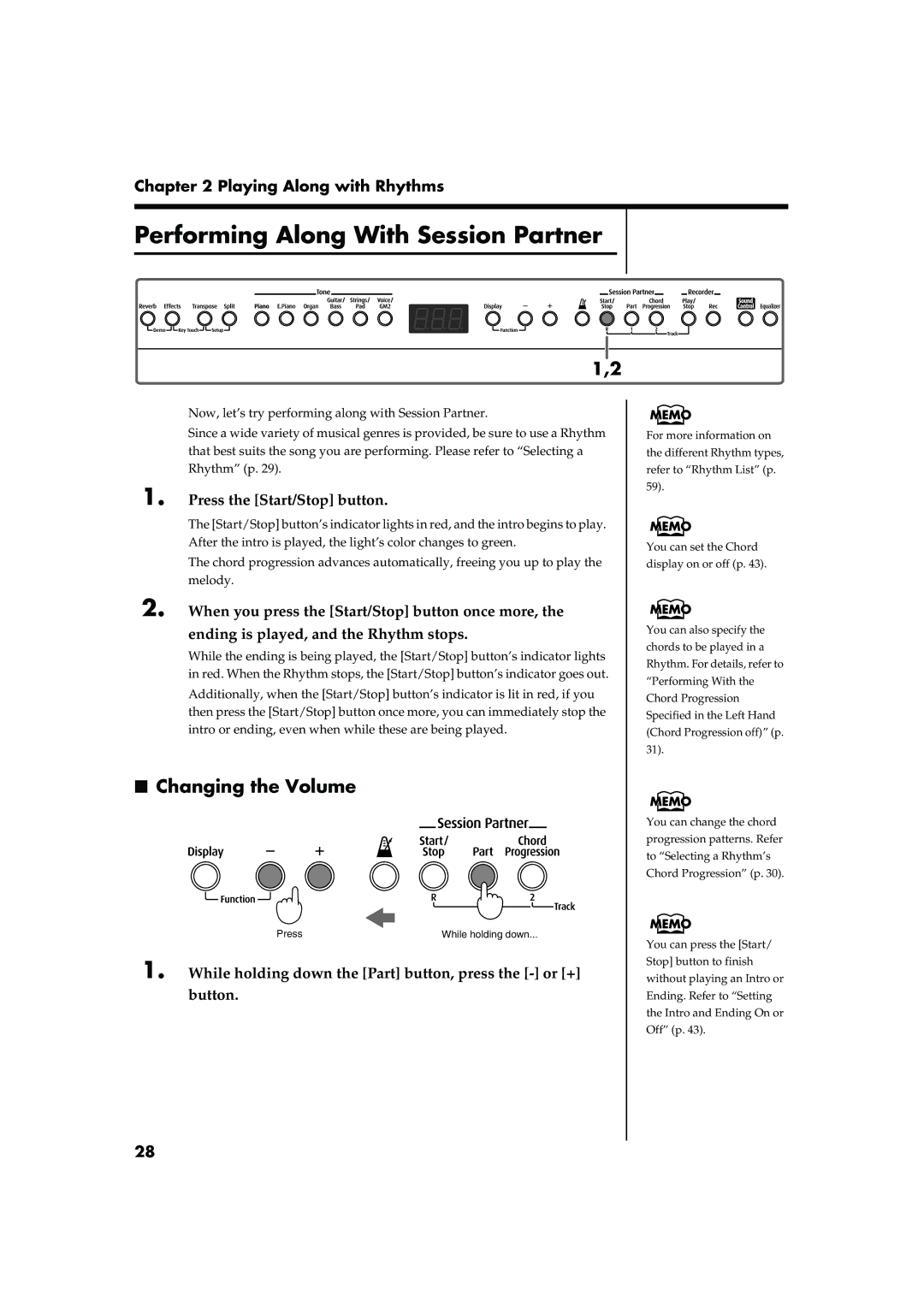 Roland FP-2 owner manual Performing Along With Session Partner, Playing Along with Rhythms, Press the Start/Stop button 