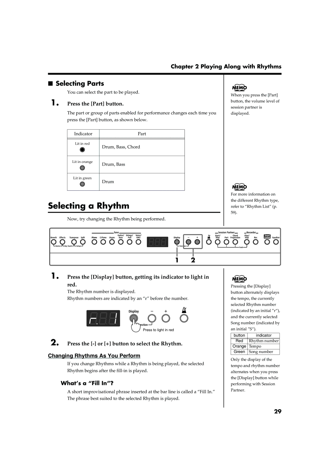 Roland FP-2 Selecting a Rhythm, Selecting Parts, Press the Part button, Press the or + button to select the Rhythm 