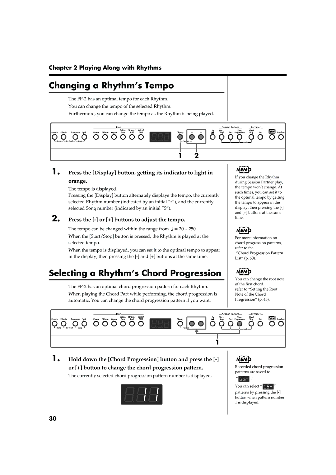 Roland FP-2 Changing a Rhythm’s Tempo, Selecting a Rhythm’s Chord Progression, Press the or + buttons to adjust the tempo 