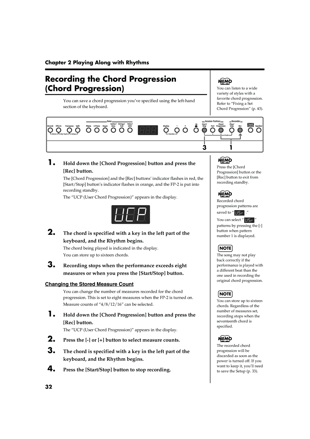 Roland FP-2 Recording the Chord Progression Chord Progression, Hold down the Chord Progression button and press Rec button 