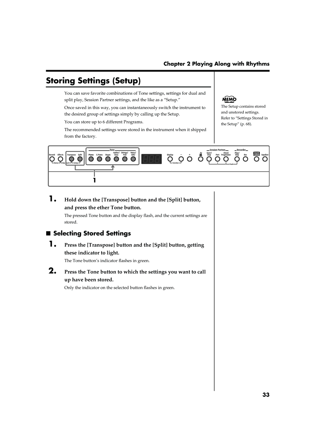 Roland FP-2 owner manual Storing Settings Setup, Selecting Stored Settings 