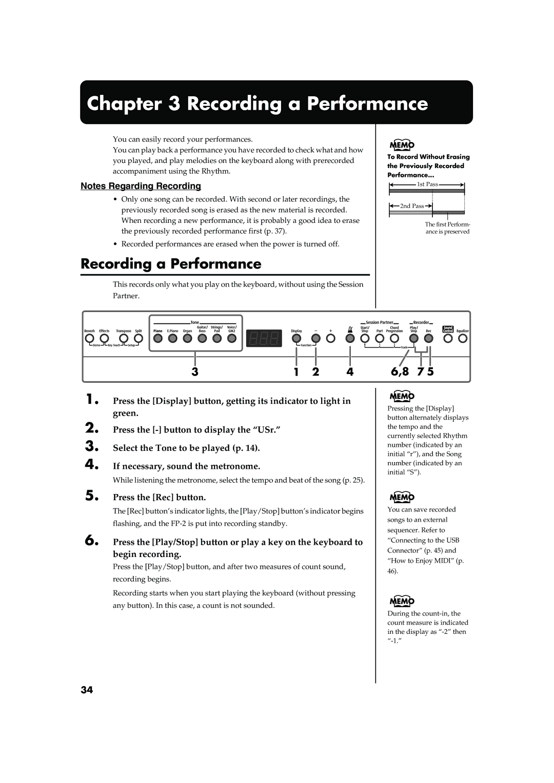 Roland FP-2 owner manual Recording a Performance, Press the Rec button 