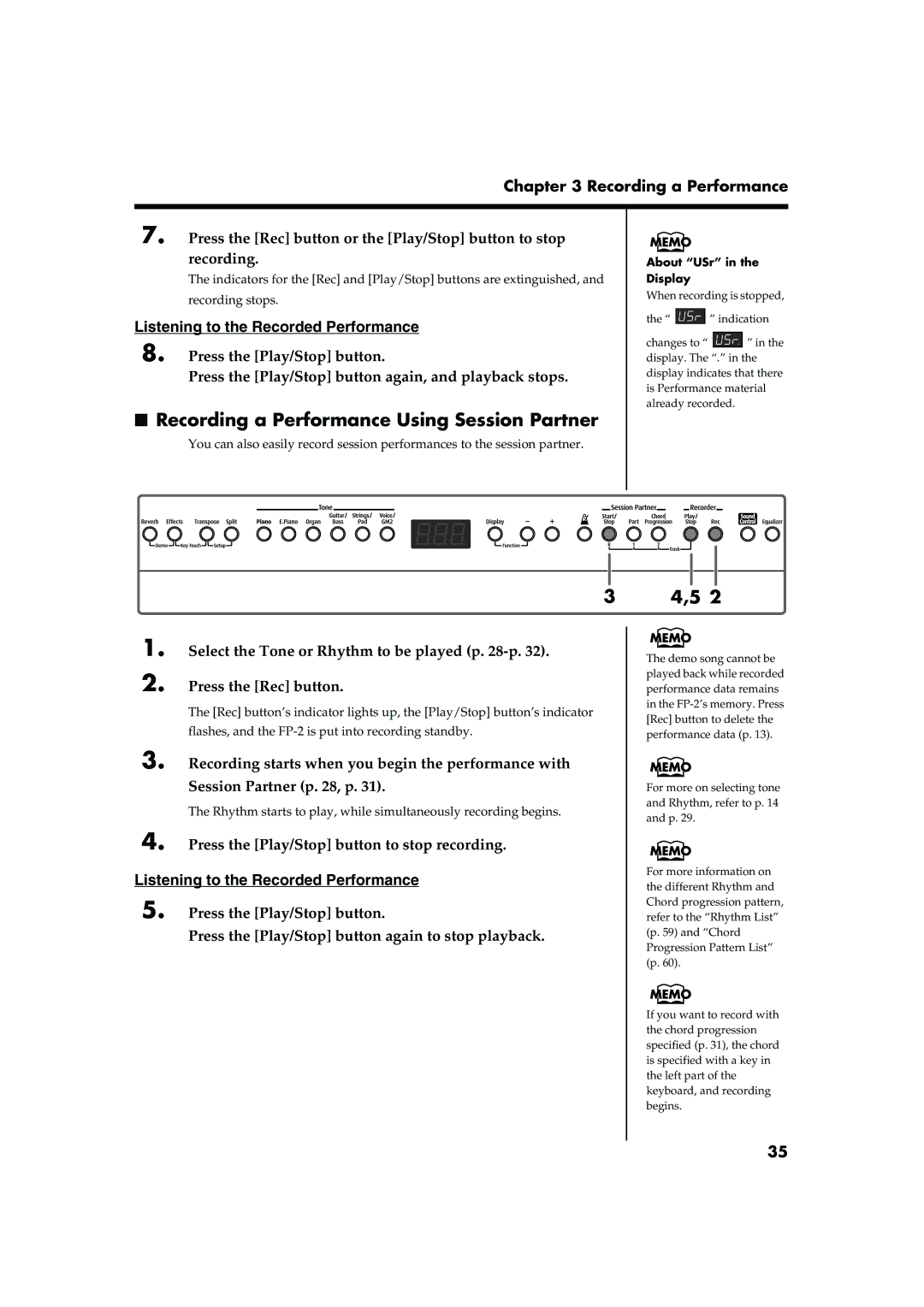 Roland FP-2 owner manual Recording a Performance Using Session Partner, Press the Play/Stop button to stop recording 