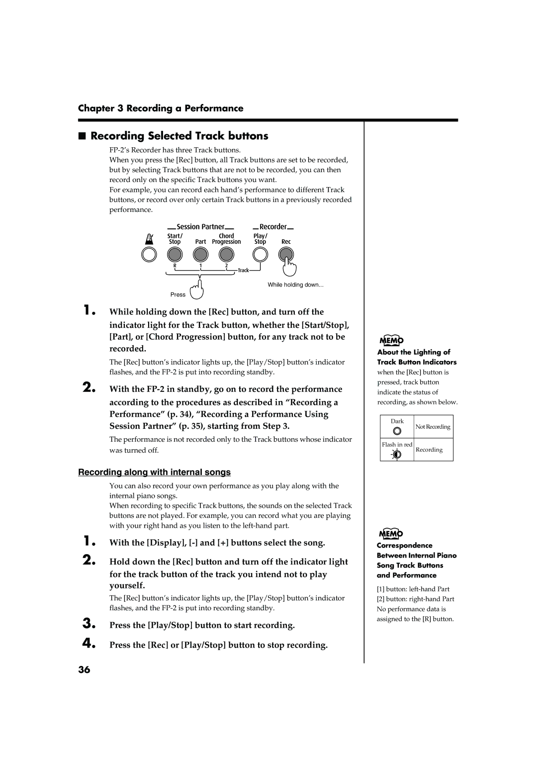 Roland FP-2 owner manual Recording Selected Track buttons, Recording along with internal songs 