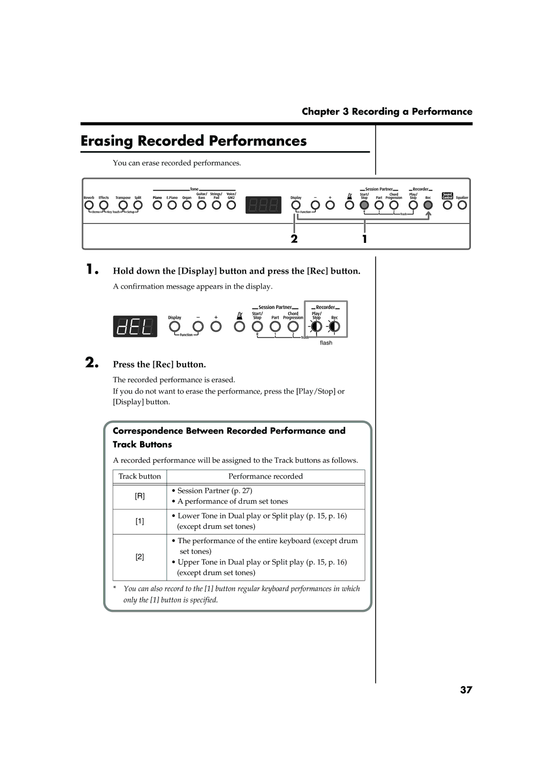 Roland FP-2 owner manual Erasing Recorded Performances, Hold down the Display button and press the Rec button 