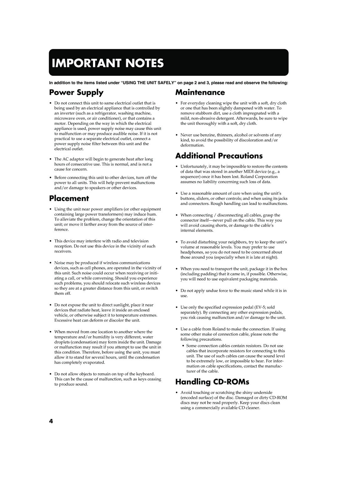 Roland FP-2 owner manual Power Supply, Placement, Maintenance, Additional Precautions, Handling CD-ROMs 