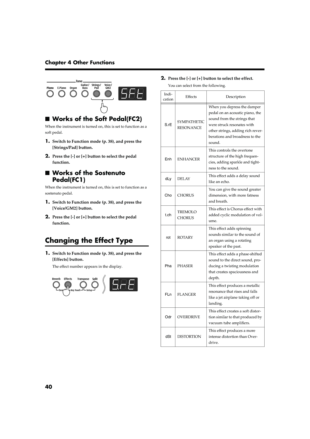 Roland FP-2 owner manual Changing the Effect Type, Works of the Soft PedalFC2, Works of the Sostenuto PedalFC1 
