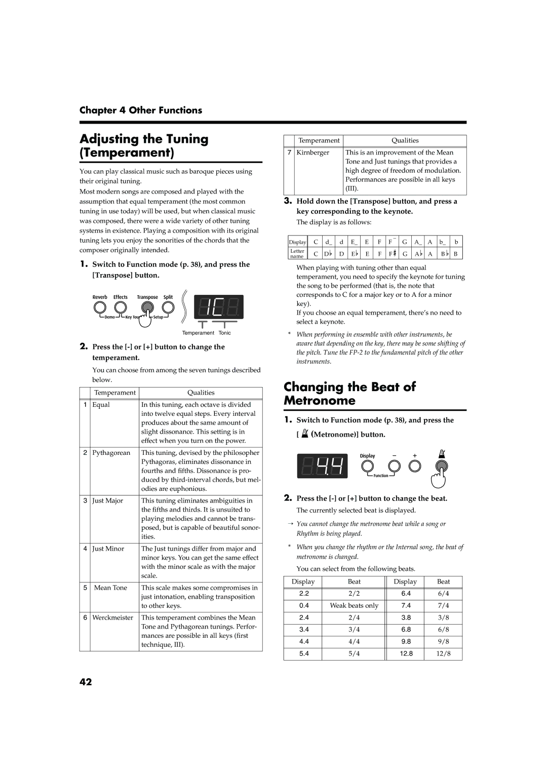 Roland FP-2 Adjusting the Tuning Temperament, Changing the Beat Metronome, Press the or + button to change the temperament 