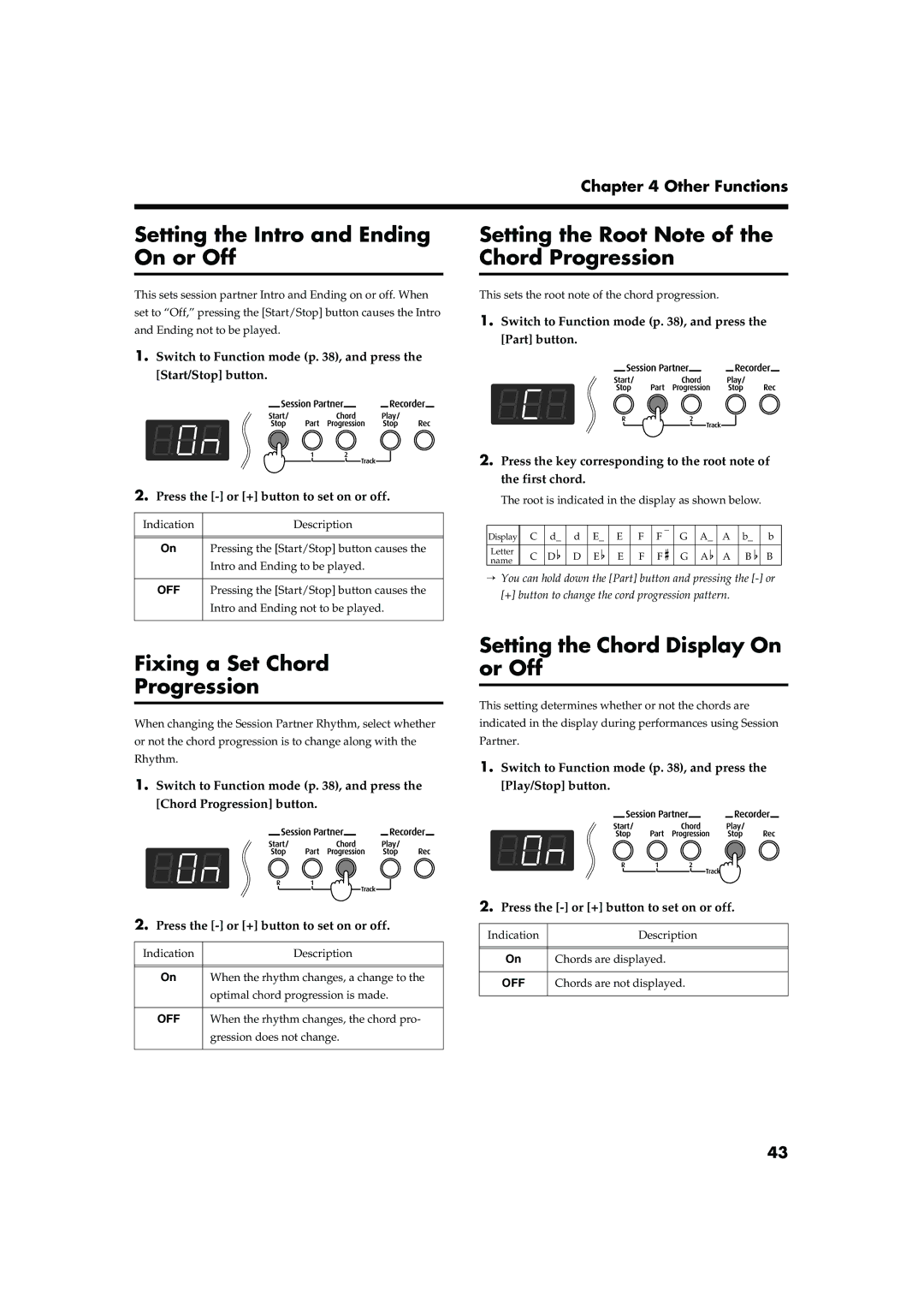 Roland FP-2 Setting the Intro and Ending On or Off, Fixing a Set Chord Progression, Setting the Chord Display On or Off 