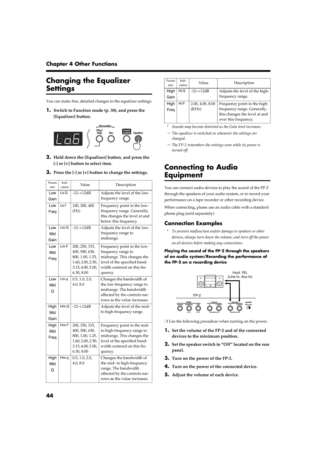 Roland FP-2 owner manual Changing the Equalizer Settings, Connecting to Audio Equipment, Connection Examples, Gain, Mid 