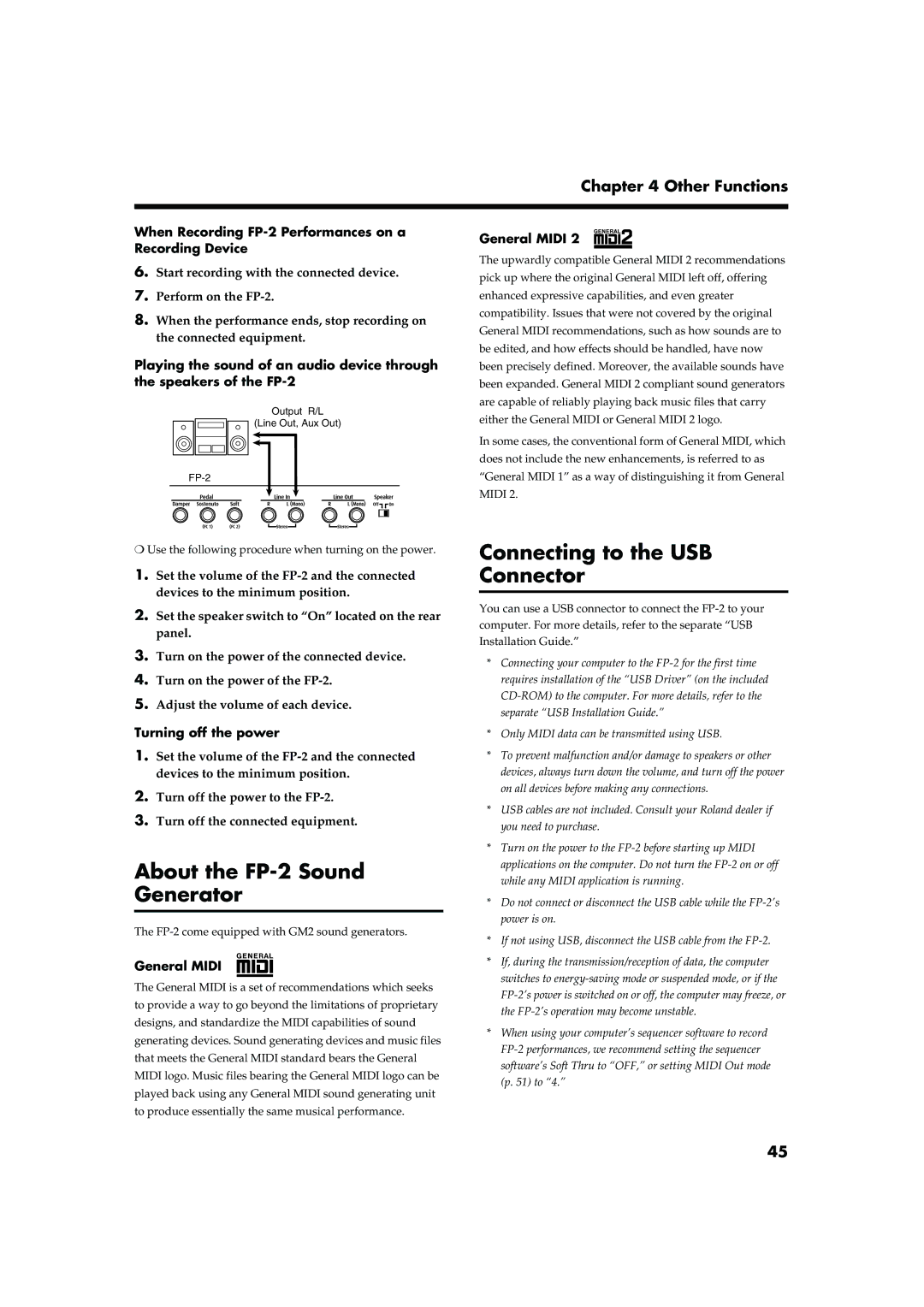 Roland owner manual About the FP-2 Sound Generator, Connecting to the USB Connector 