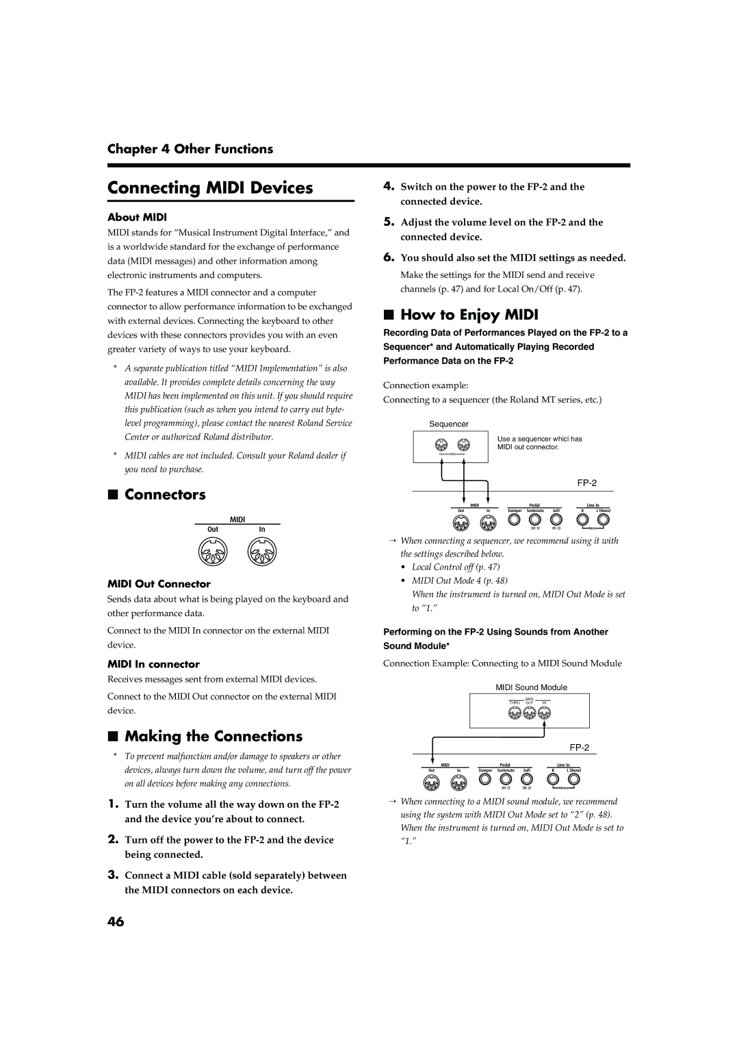 Roland FP-2 owner manual Connecting Midi Devices, Connectors, Making the Connections, How to Enjoy Midi 