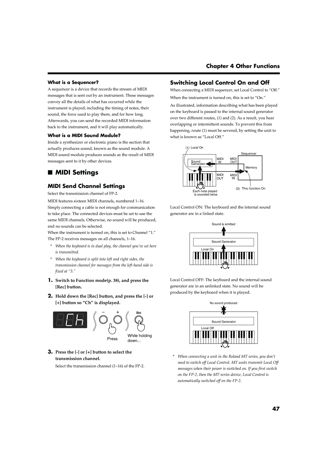 Roland FP-2 Midi Settings, Midi Send Channel Settings, Switching Local Control On and Off, While holding Press down 