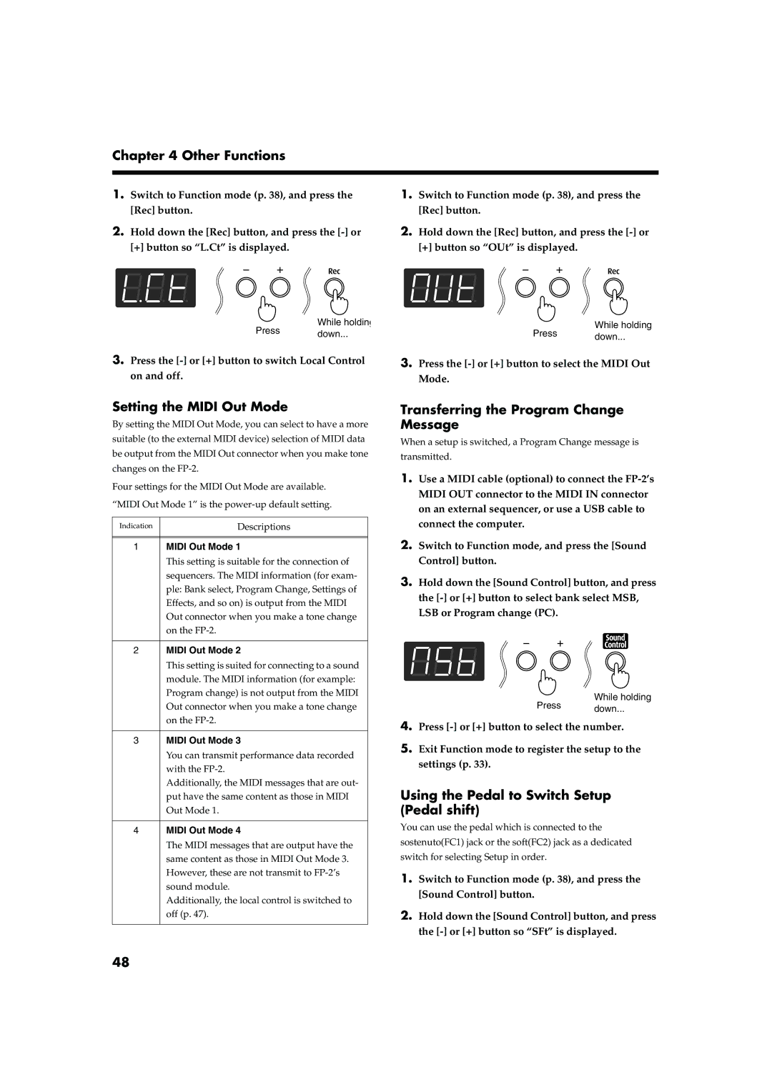 Roland FP-2 owner manual Setting the Midi Out Mode, Transferring the Program Change Message 