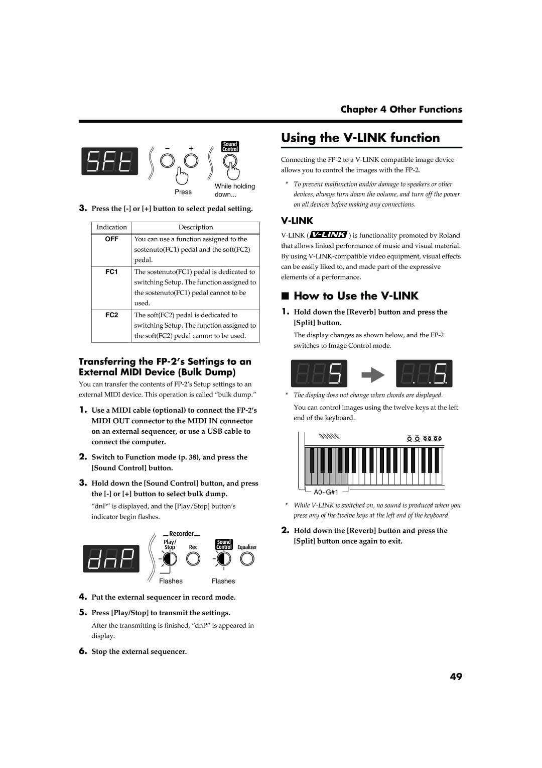 Roland FP-2 owner manual Using the V-LINK function, How to Use the V-LINK, Press the or + button to select pedal setting 