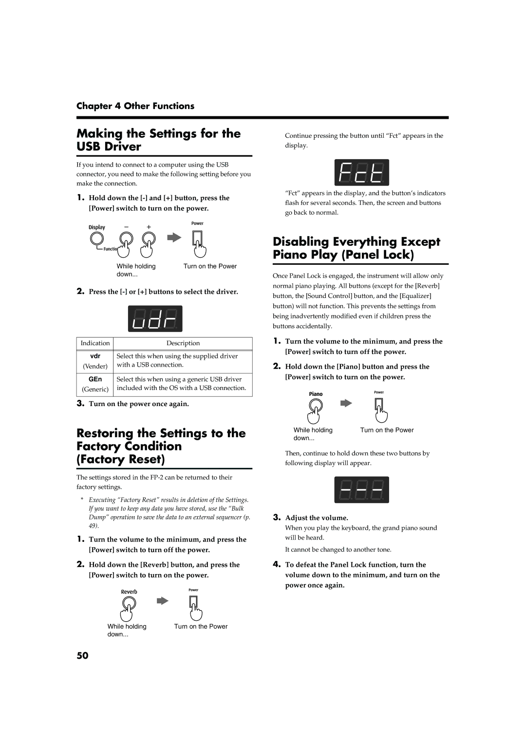 Roland FP-2 Making the Settings for the USB Driver, Disabling Everything Except Piano Play Panel Lock, Adjust the volume 