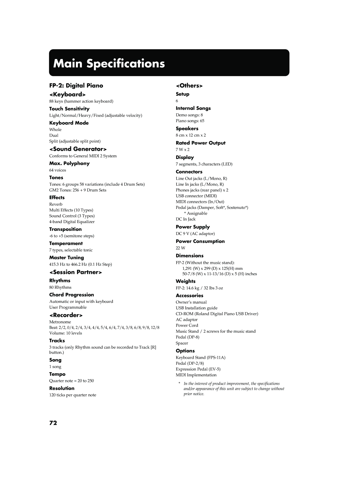 Roland FP-2 owner manual Main Specifications 