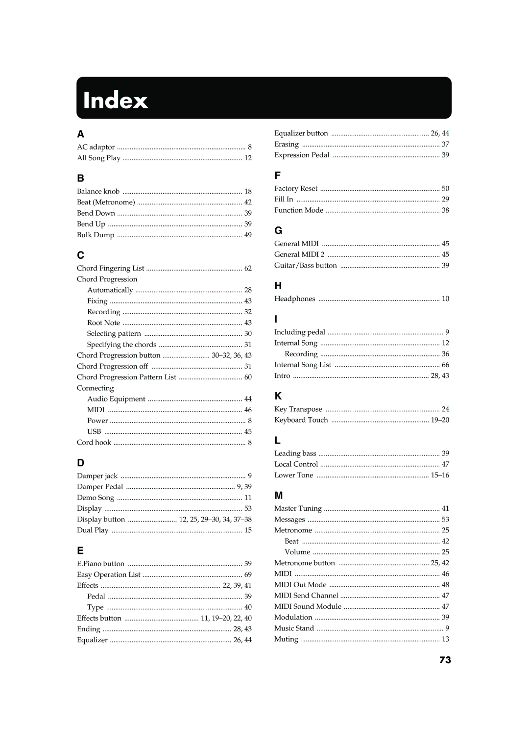 Roland FP-2 owner manual Index 