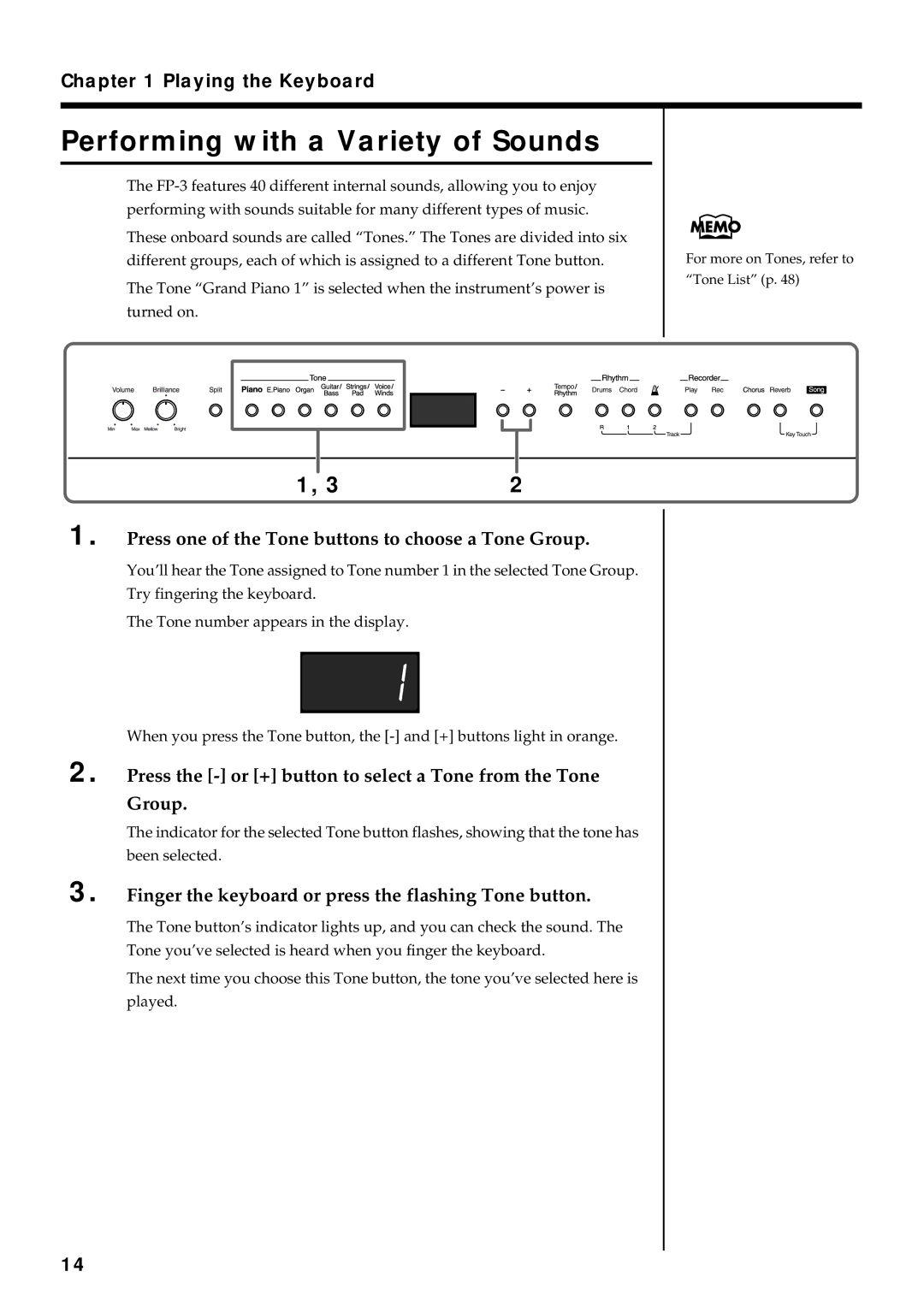 Roland FP-3 owner manual Performing with a Variety of Sounds, Press one of the Tone buttons to choose a Tone Group 