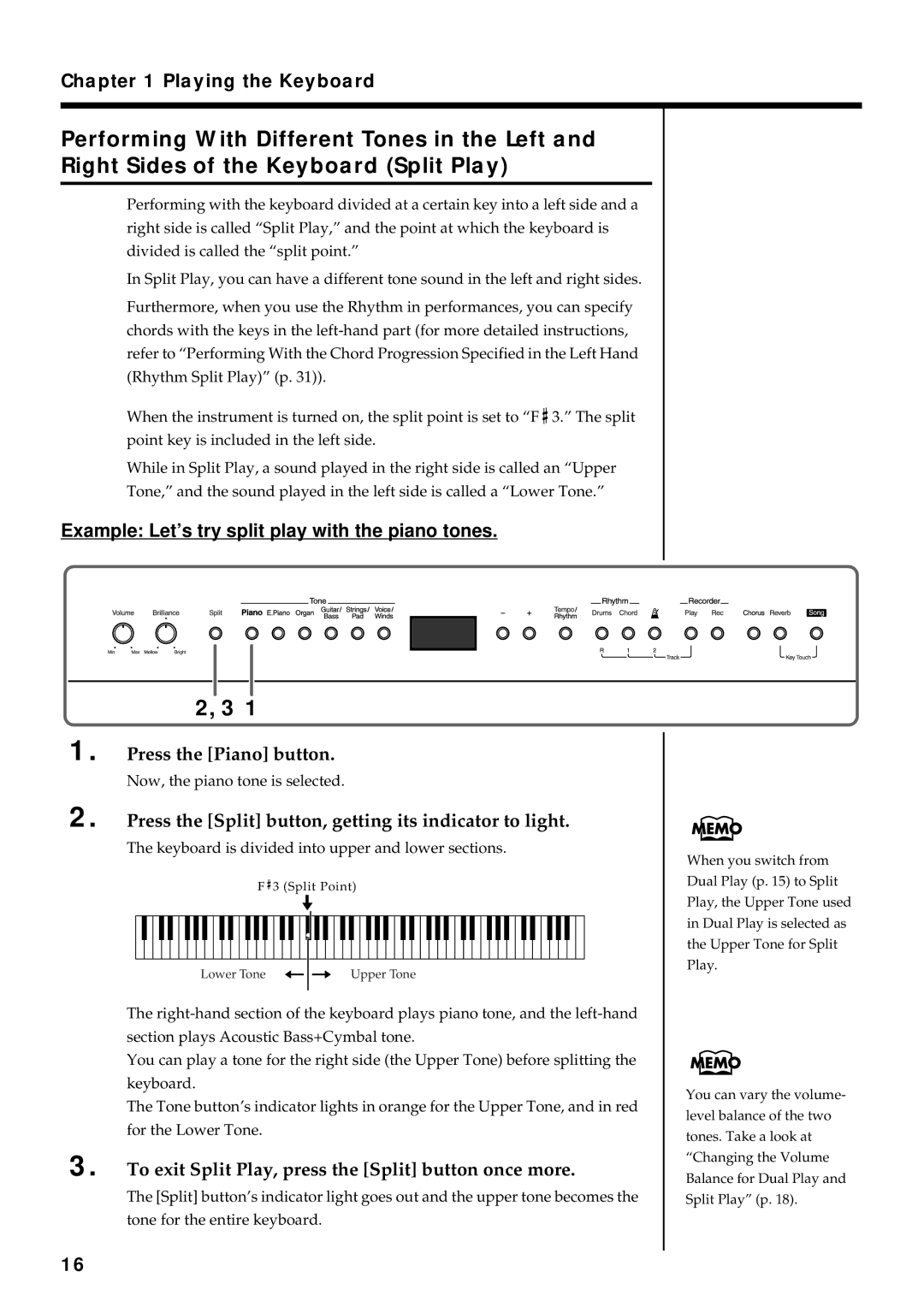 Roland FP-3 owner manual Press the Piano button, Press the Split button, getting its indicator to light 