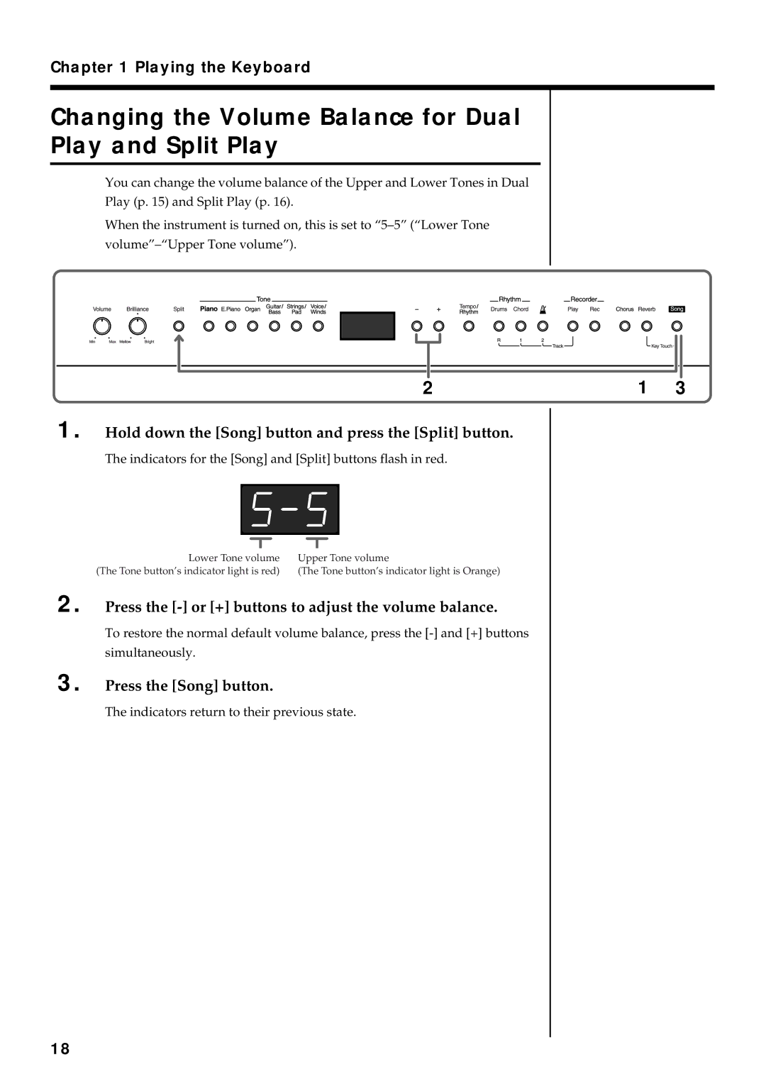 Roland FP-3 Changing the Volume Balance for Dual Play and Split Play, Hold down the Song button and press the Split button 