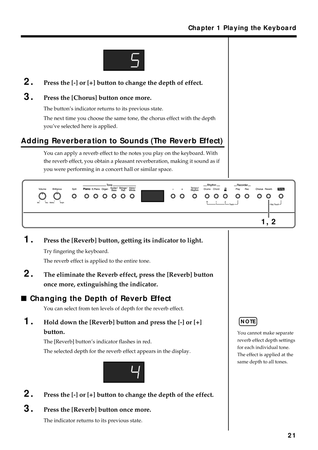 Roland FP-3 owner manual Adding Reverberation to Sounds The Reverb Effect, Changing the Depth of Reverb Effect 