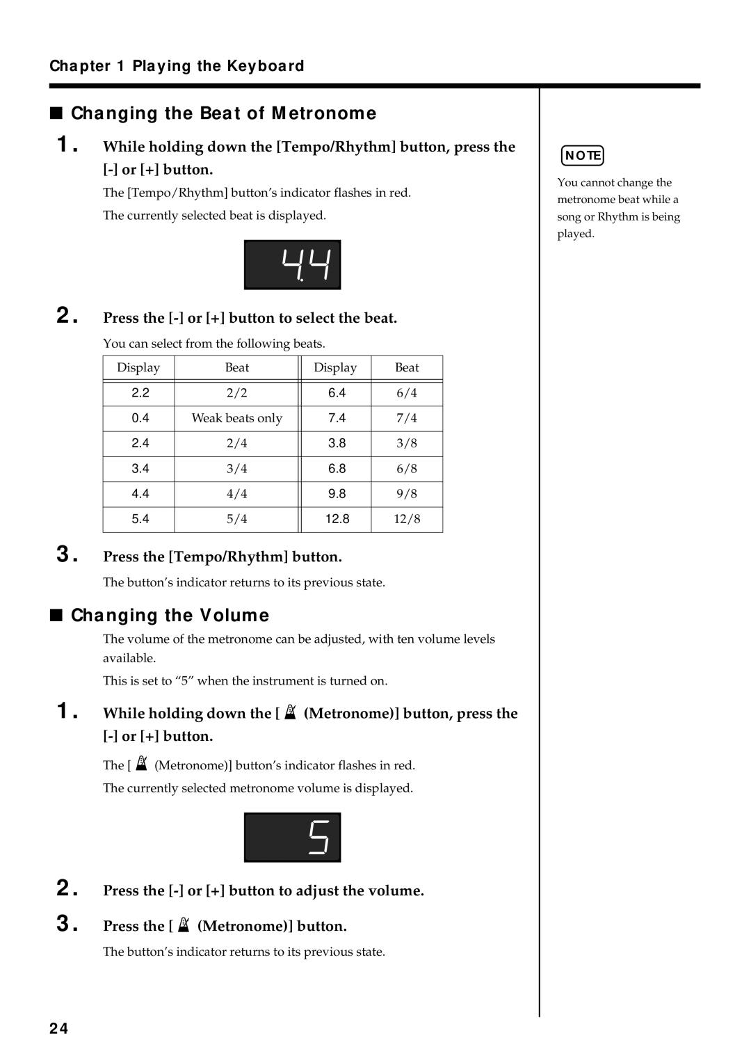 Roland FP-3 owner manual Changing the Beat of Metronome, Changing the Volume, Press the or + button to select the beat 