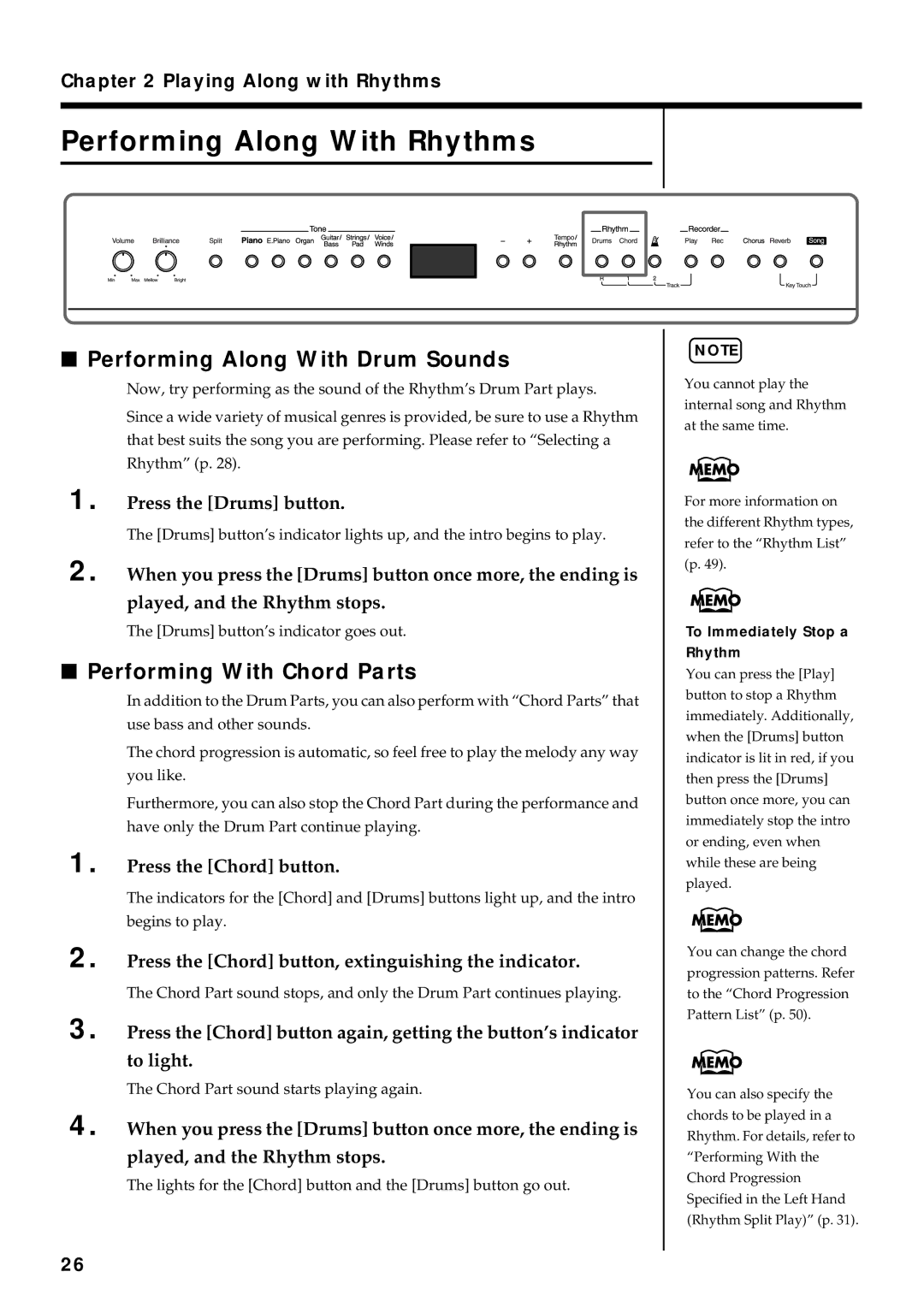 Roland FP-3 owner manual Performing Along With Rhythms, Performing Along With Drum Sounds, Performing With Chord Parts 