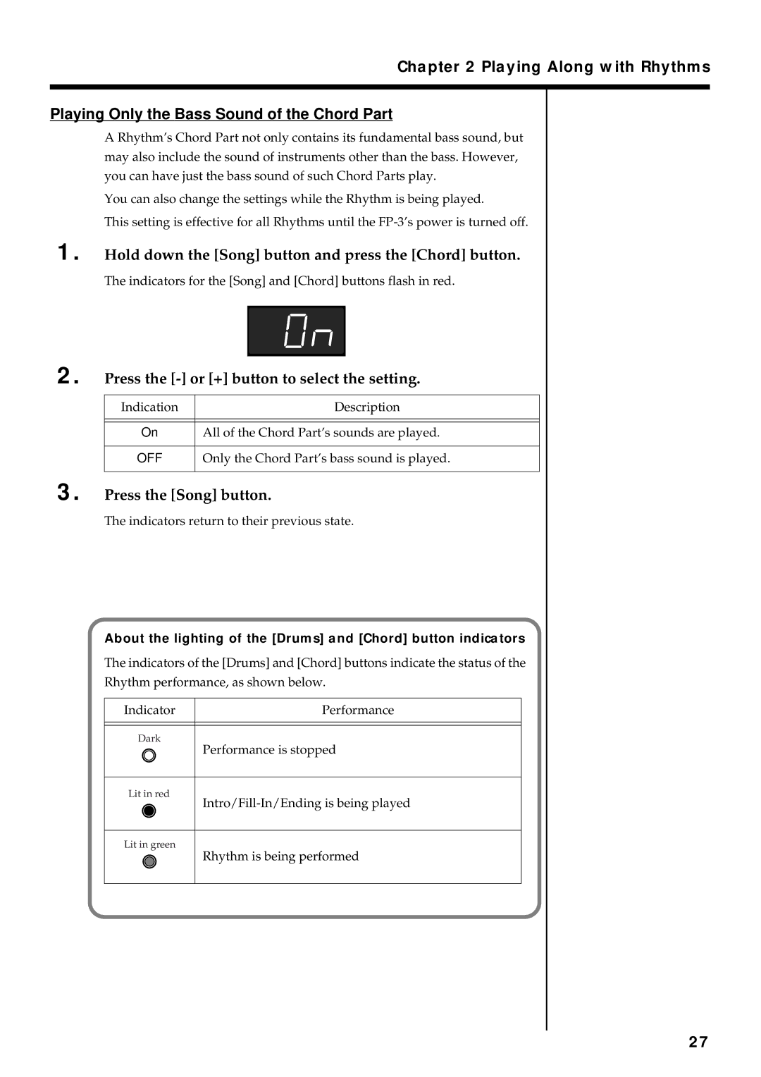 Roland FP-3 owner manual Hold down the Song button and press the Chord button, Press the or + button to select the setting 