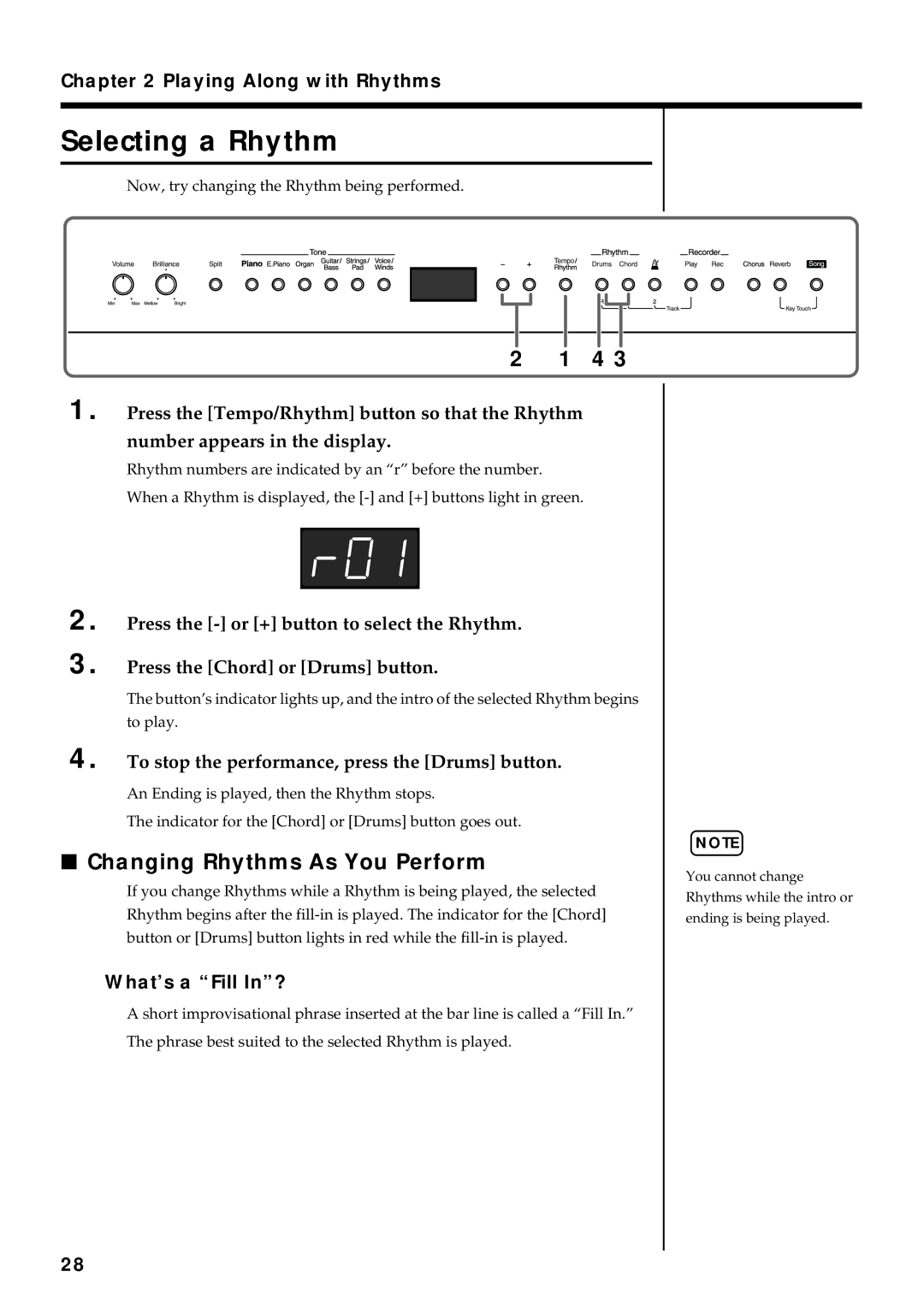 Roland FP-3 Selecting a Rhythm, Changing Rhythms As You Perform, To stop the performance, press the Drums button 