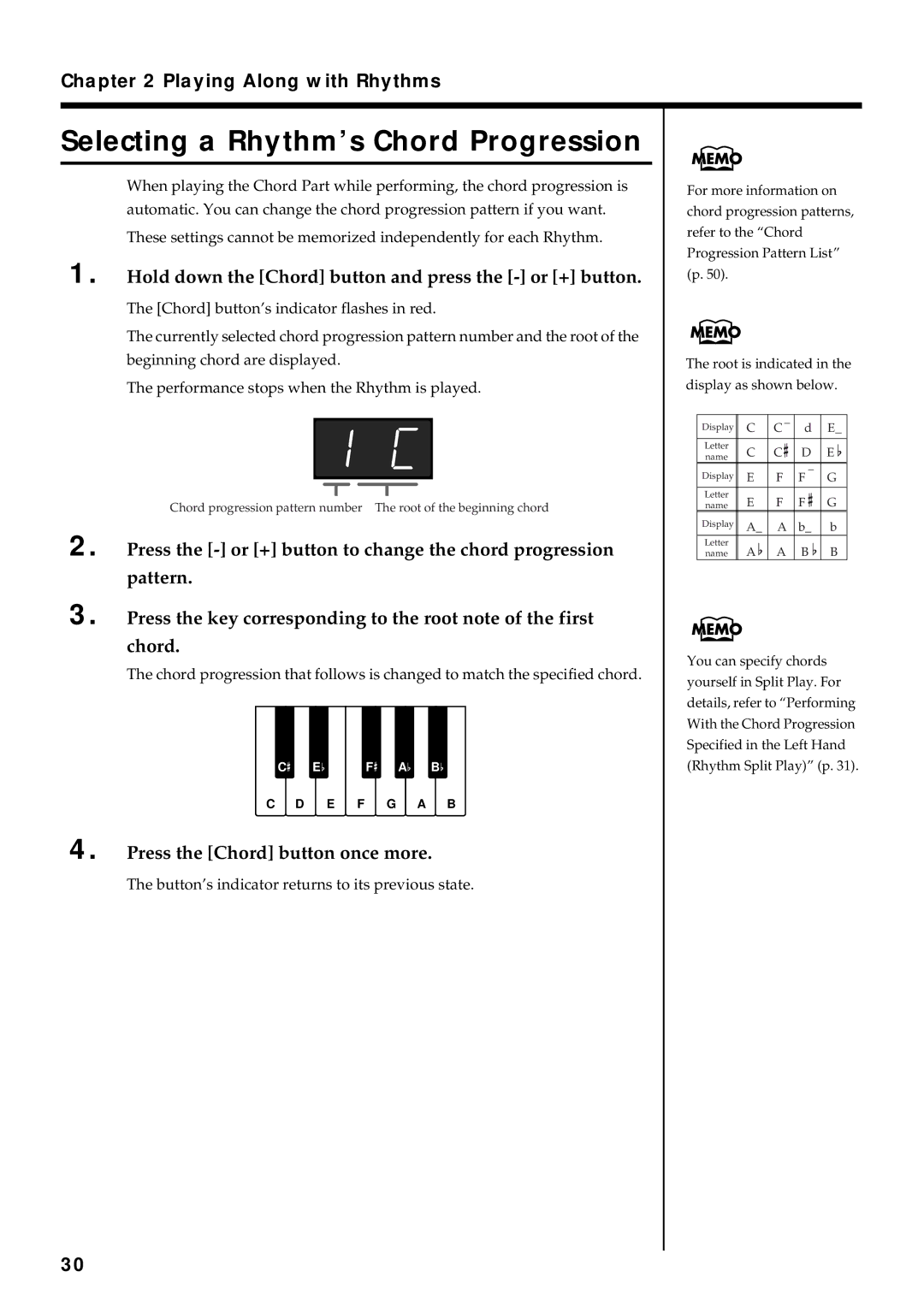 Roland FP-3 owner manual Selecting a Rhythm’s Chord Progression, Hold down the Chord button and press the or + button 