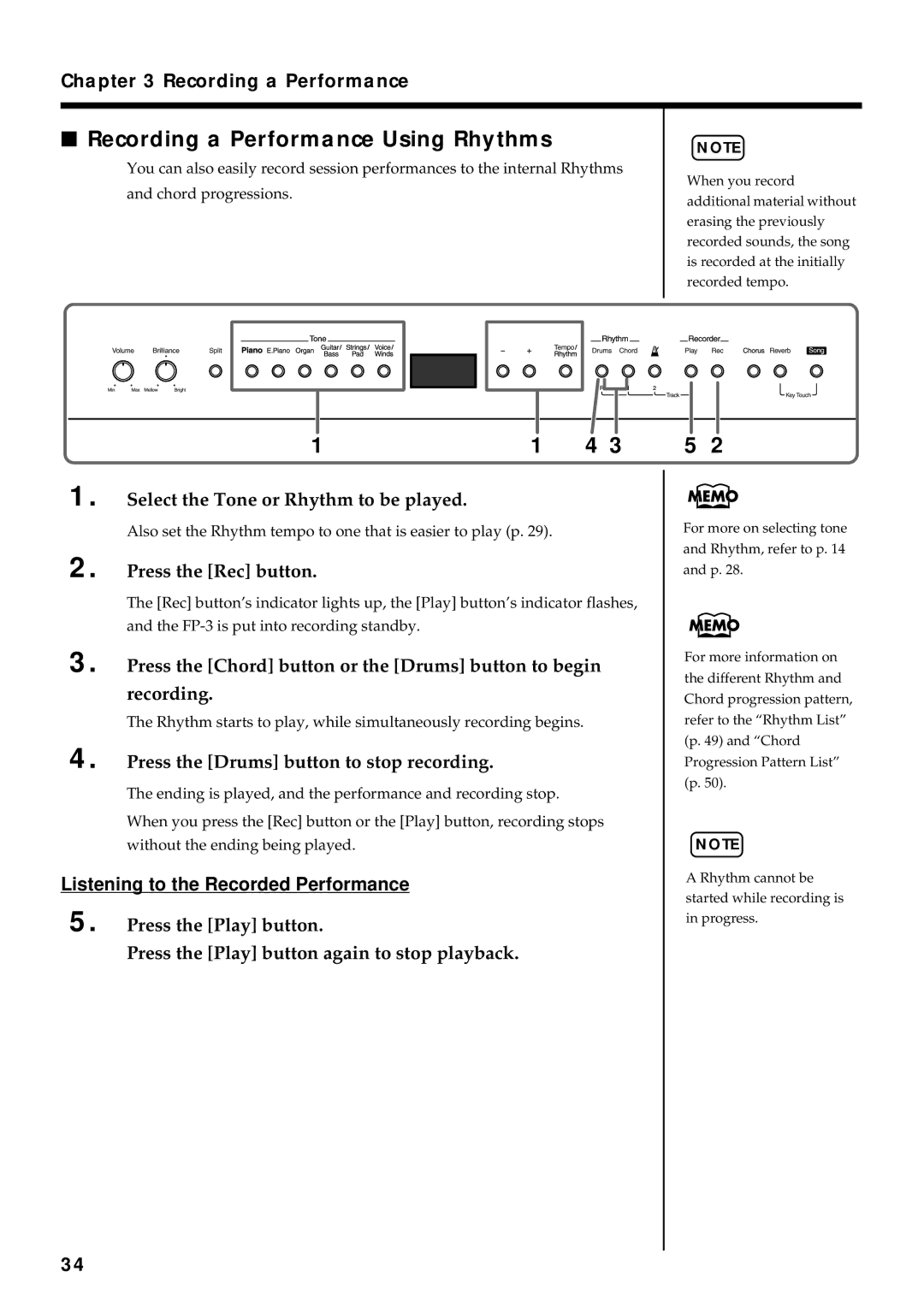 Roland FP-3 owner manual Recording a Performance Using Rhythms, Select the Tone or Rhythm to be played 