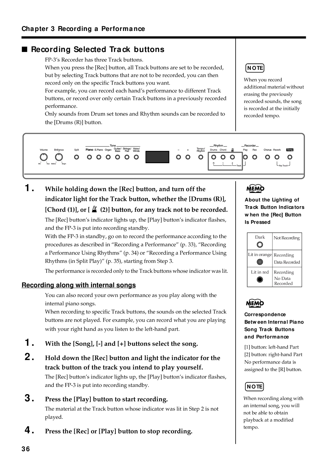 Roland FP-3 owner manual Lit in orange Recording 