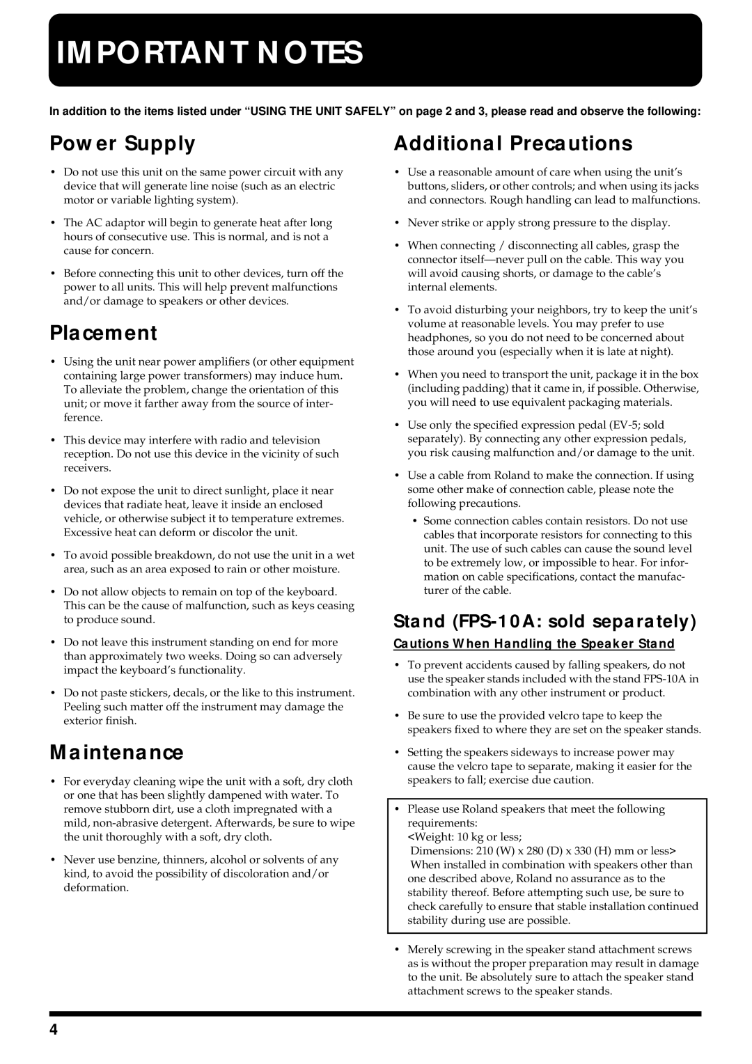 Roland FP-3 owner manual Power Supply, Placement, Maintenance, Additional Precautions, Stand FPS-10A sold separately 