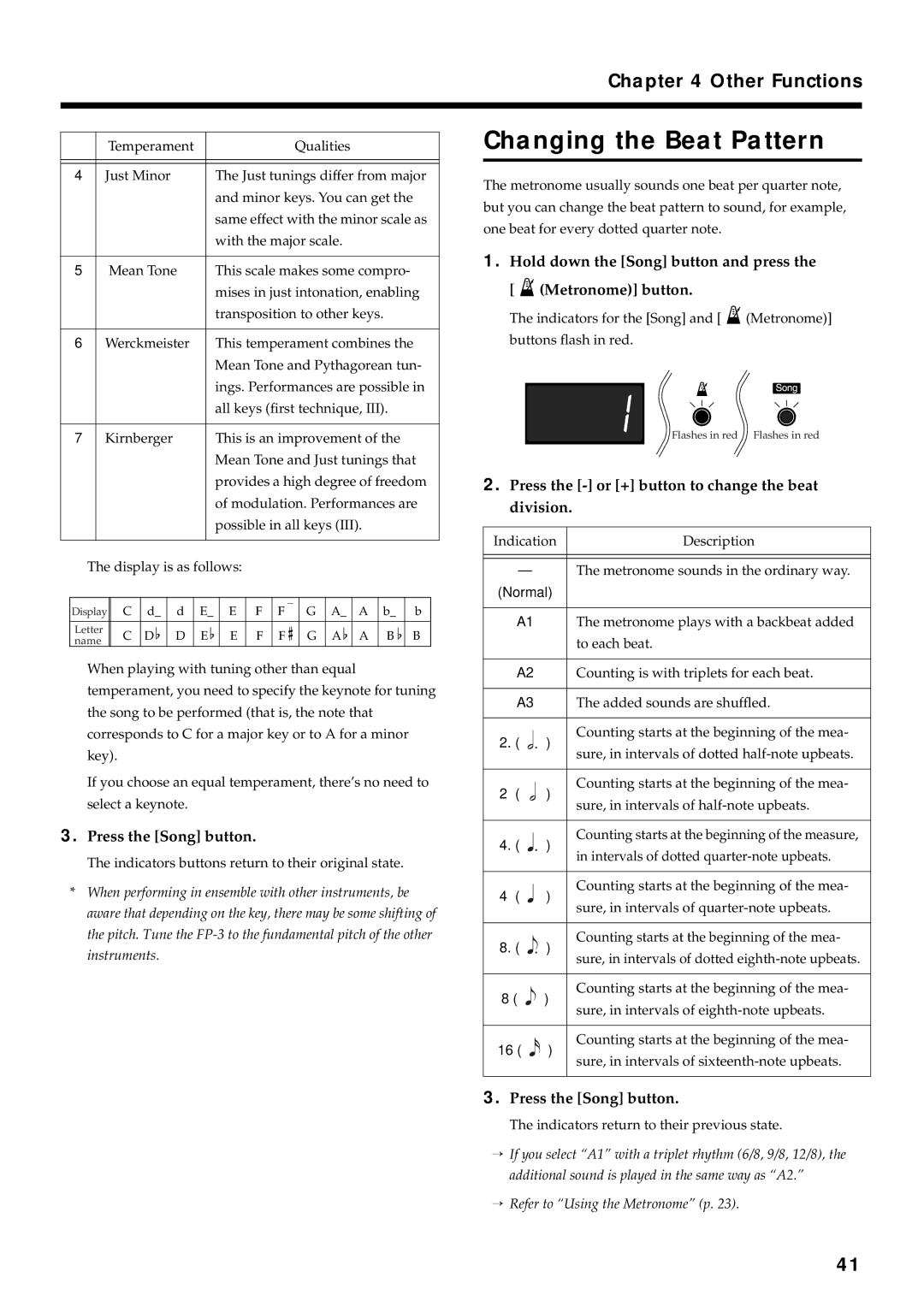 Roland FP-3 owner manual Changing the Beat Pattern, Hold down the Song button and press the Metronome button 