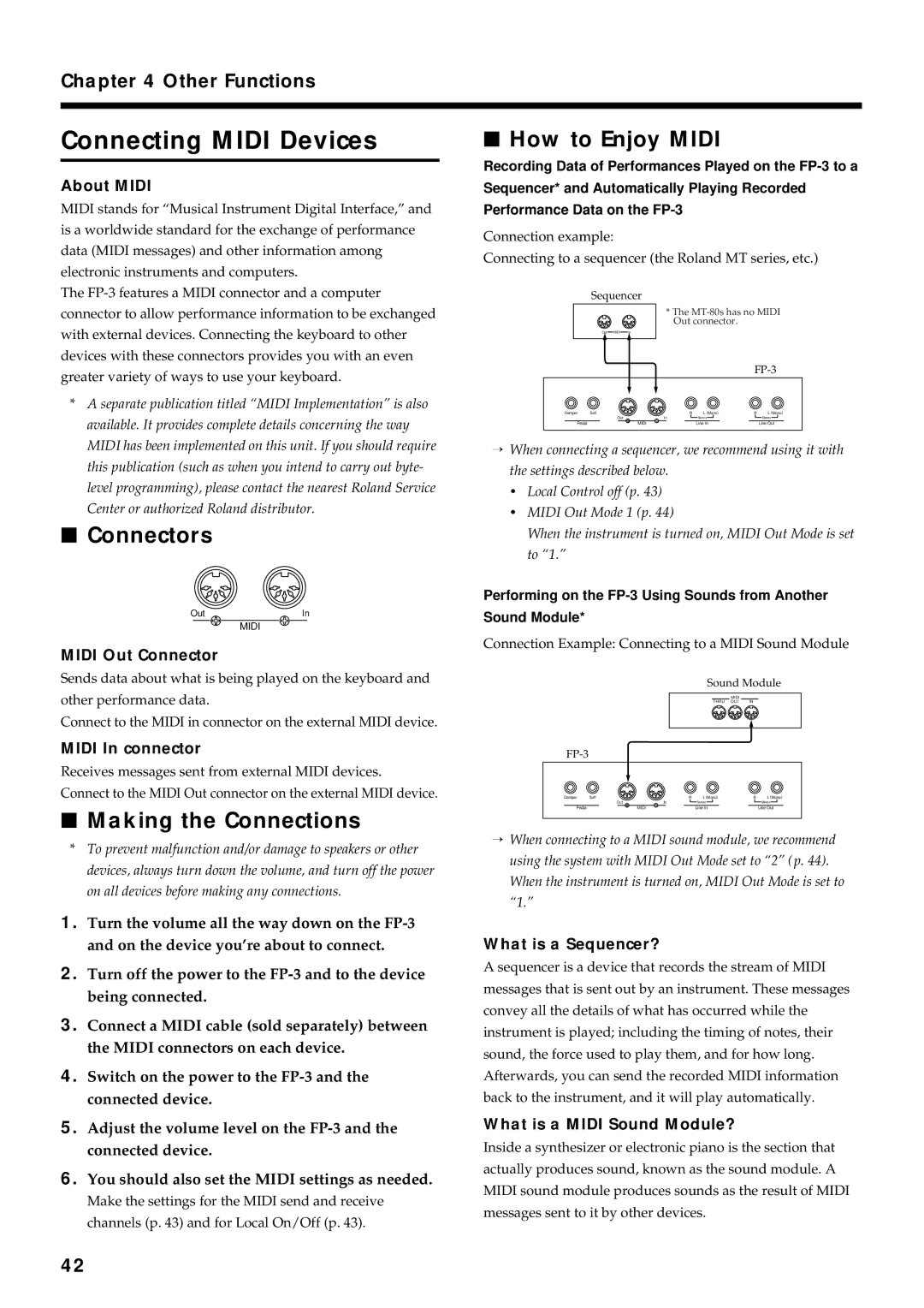 Roland FP-3 owner manual Connecting Midi Devices, Connectors, Making the Connections, How to Enjoy Midi 