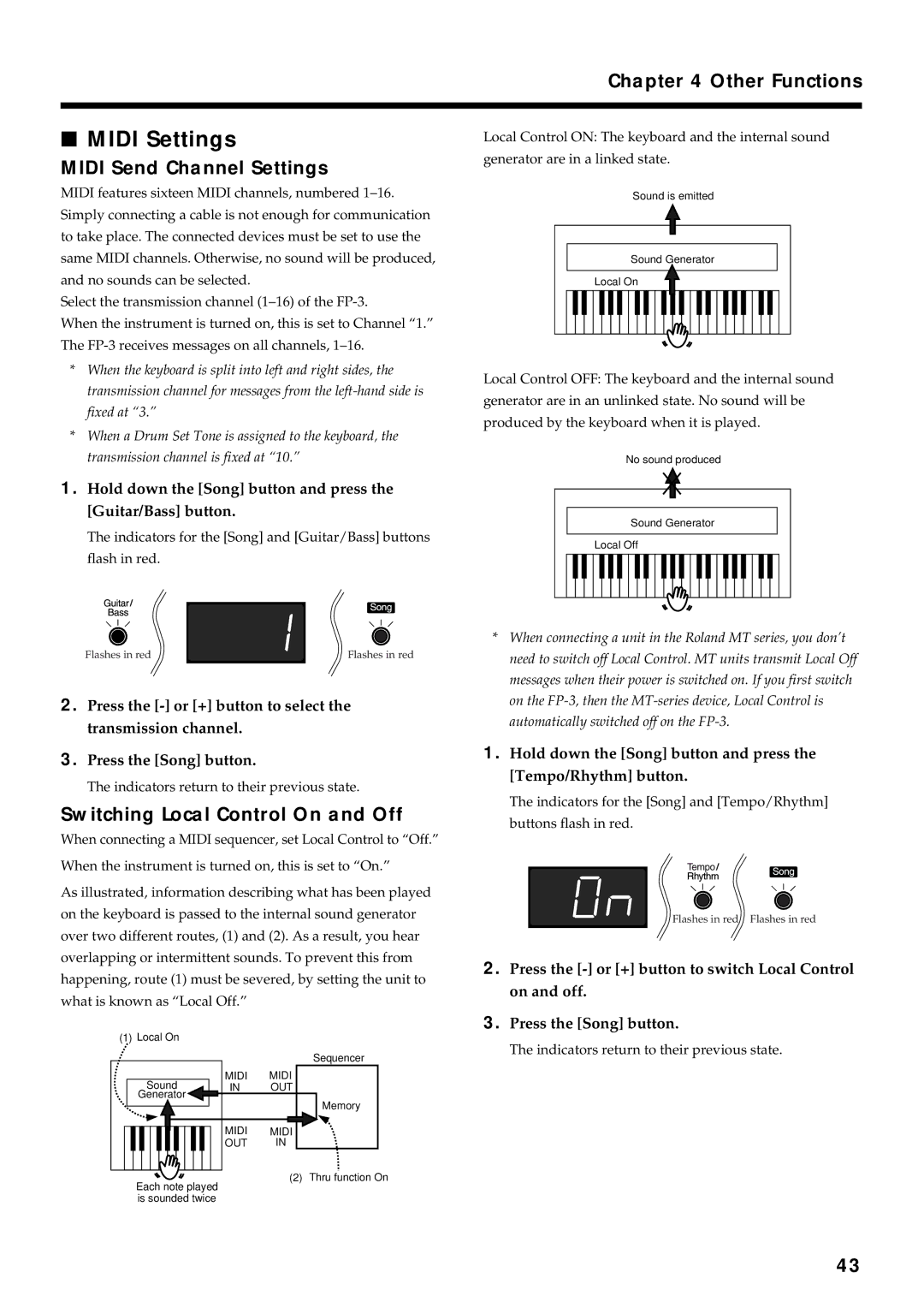 Roland FP-3 owner manual Midi Settings, Midi Send Channel Settings, Switching Local Control On and Off 