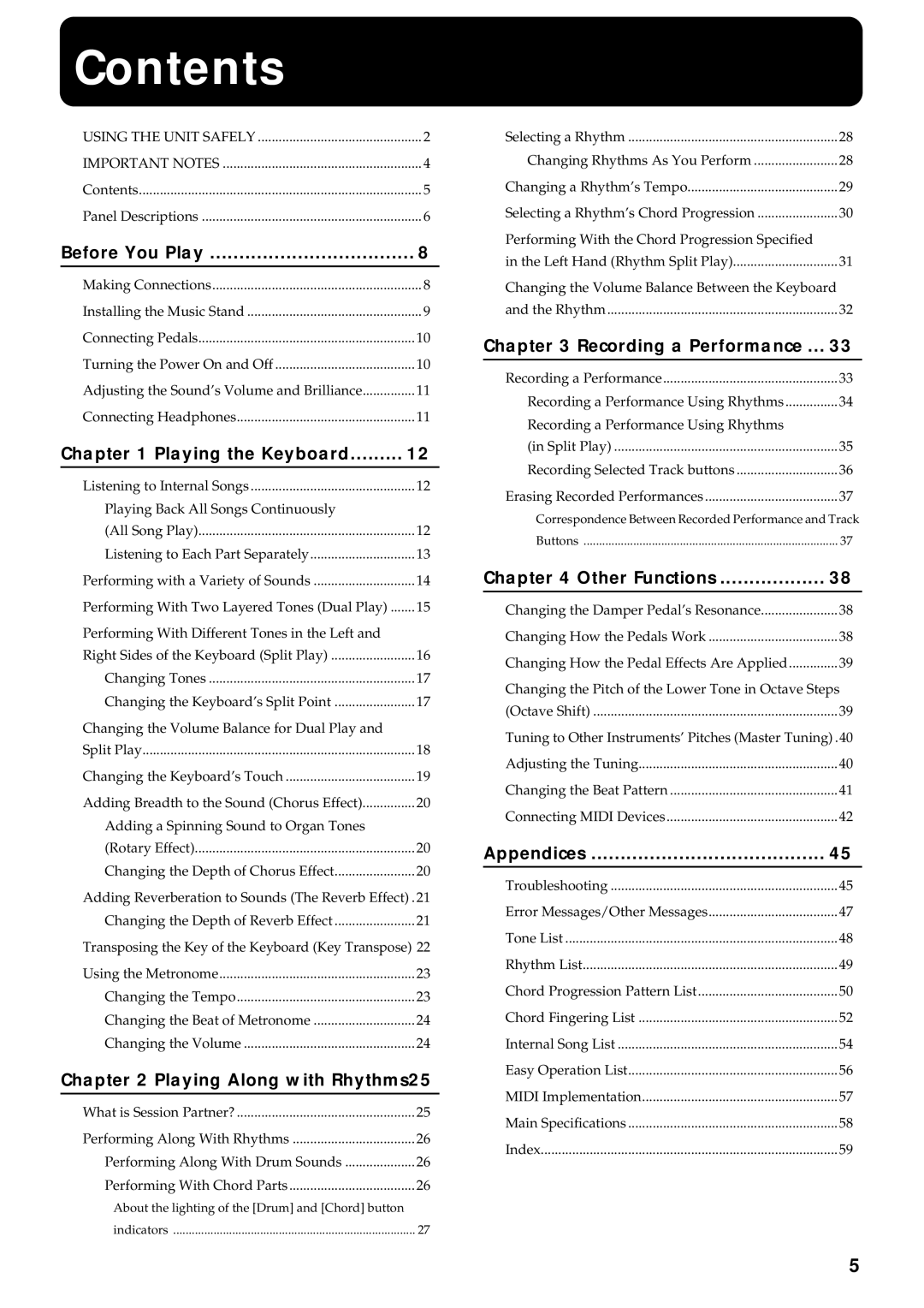 Roland FP-3 owner manual Contents 