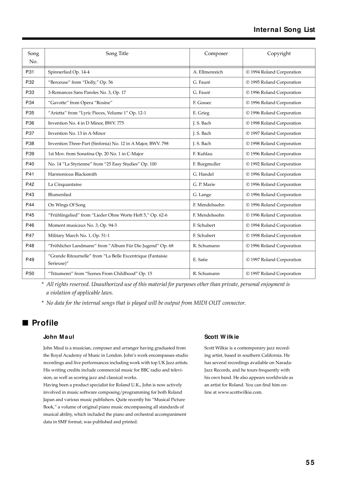 Roland FP-3 owner manual Profile, Internal Song List 