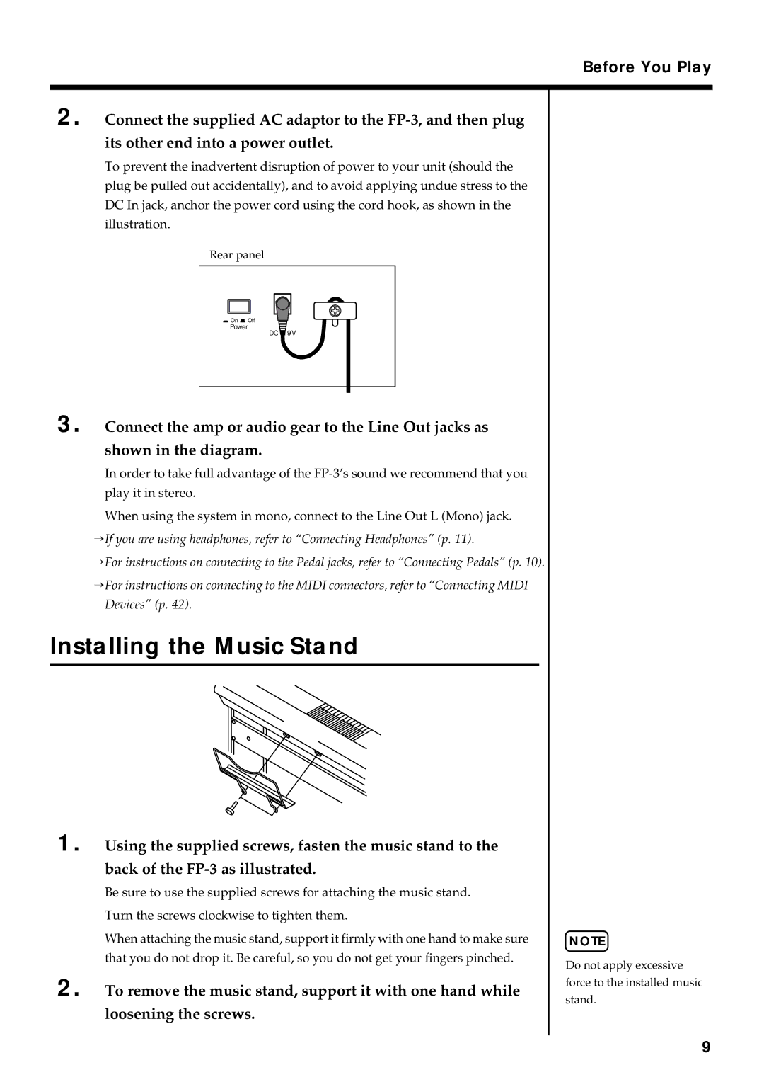 Roland FP-3 owner manual Installing the Music Stand, Before You Play 