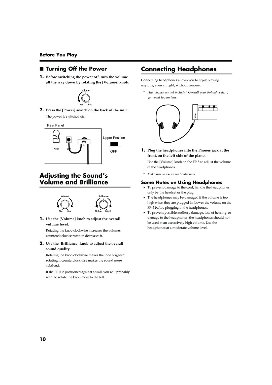 Roland FP-5 owner manual Adjusting the Sound’s Volume and Brilliance, Connecting Headphones, Turning Off the Power 