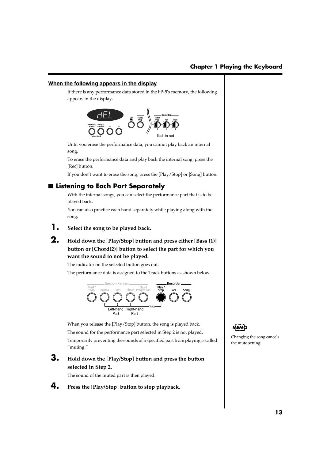 Roland FP-5 owner manual Listening to Each Part Separately, Press the Play/Stop button to stop playback 