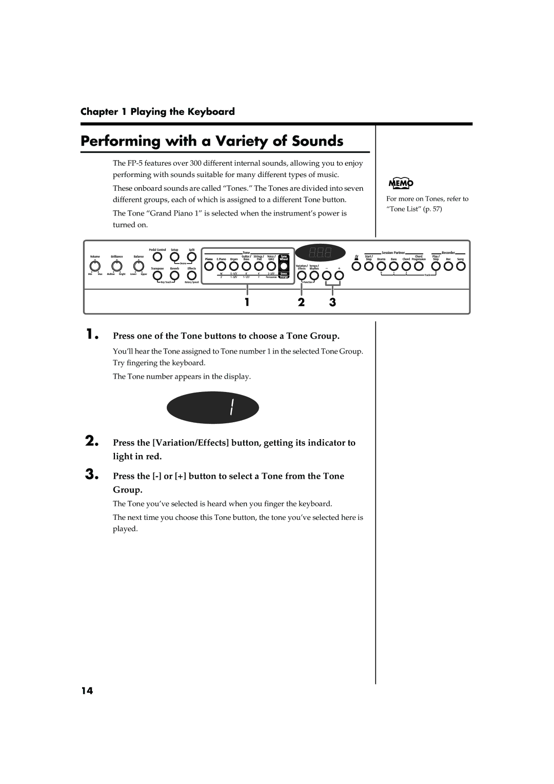 Roland FP-5 owner manual Performing with a Variety of Sounds, Press one of the Tone buttons to choose a Tone Group 