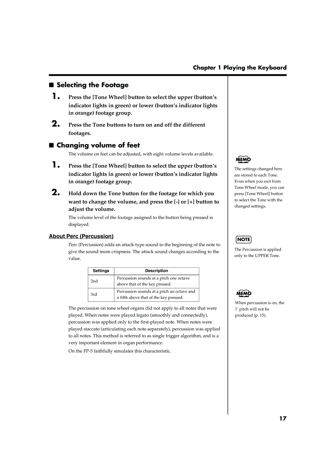 Roland FP-5 owner manual Selecting the Footage, Changing volume of feet, About Perc Percussion 