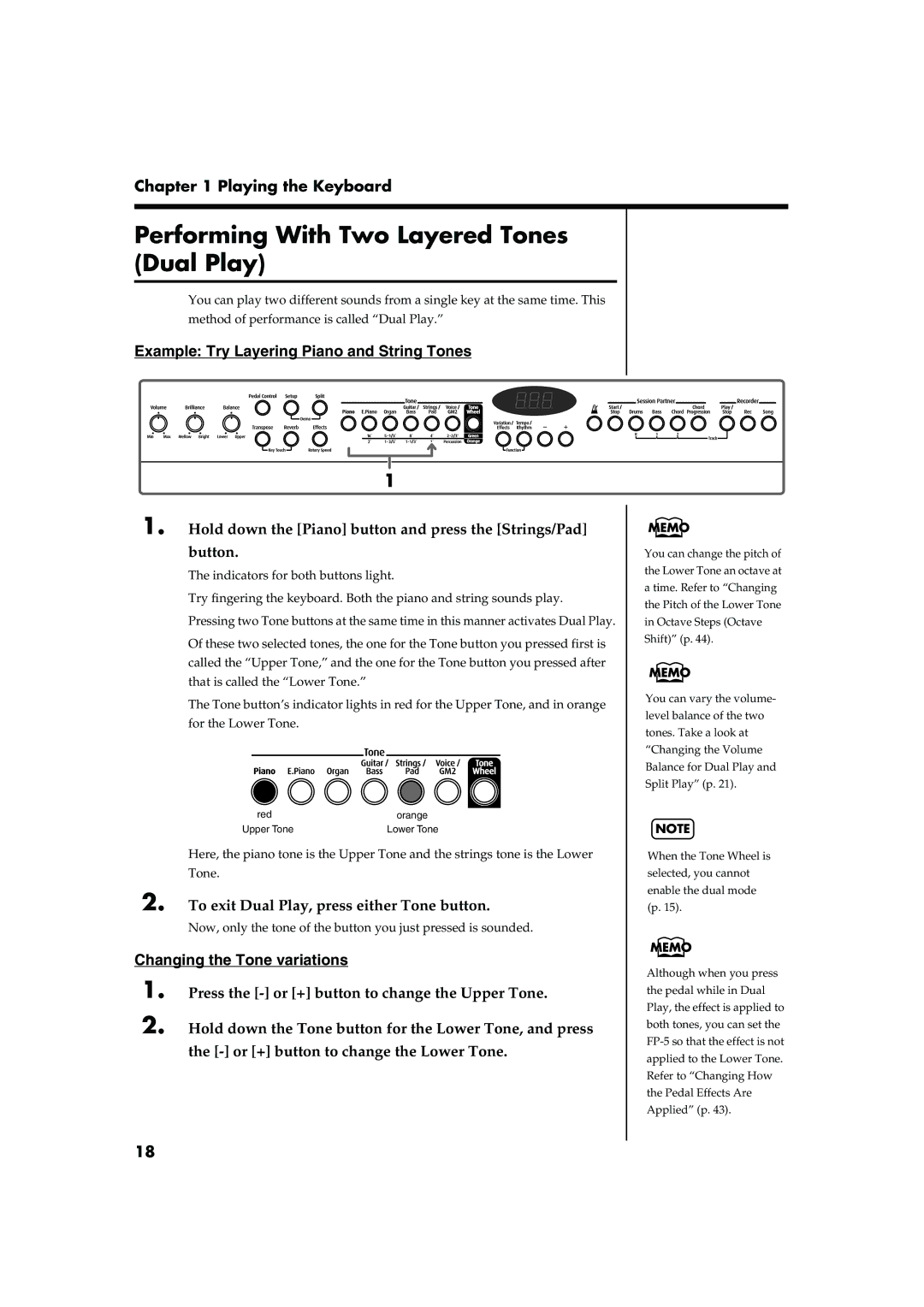 Roland FP-5 owner manual Performing With Two Layered Tones Dual Play, Example Try Layering Piano and String Tones 