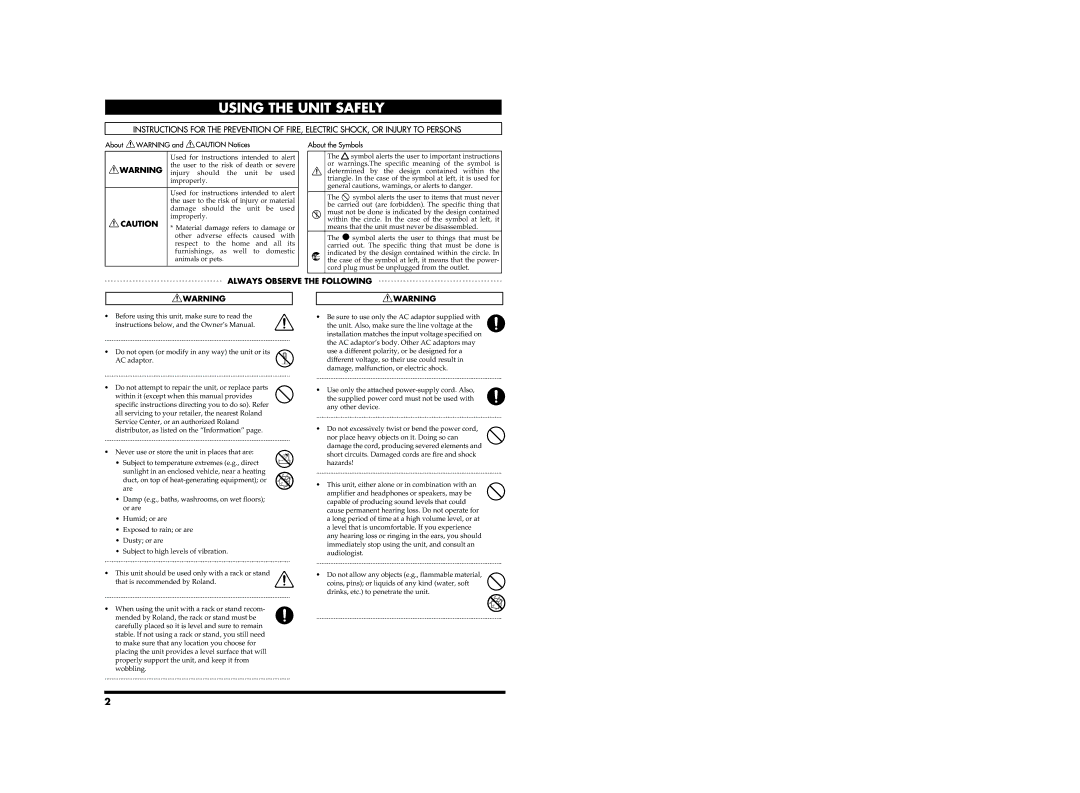 Roland FP-5 owner manual Do not open or modify in any way the unit or its AC adaptor 