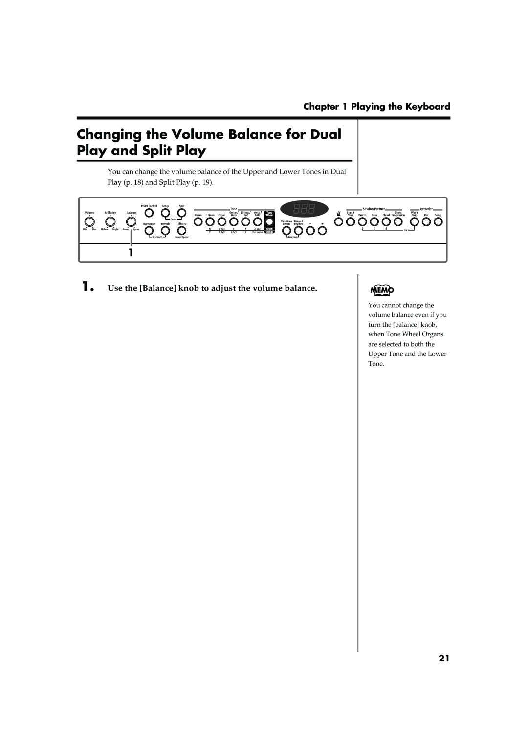 Roland FP-5 Changing the Volume Balance for Dual Play and Split Play, Use the Balance knob to adjust the volume balance 